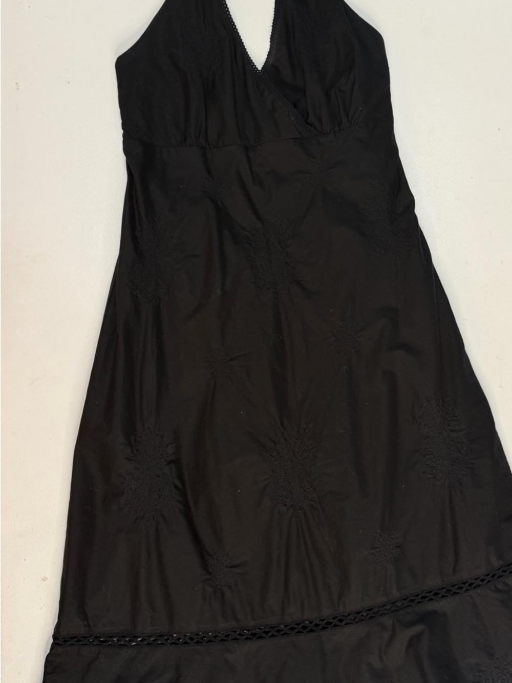 J. Crew Black V-Neck Halter Dress with Subtle Embroidery